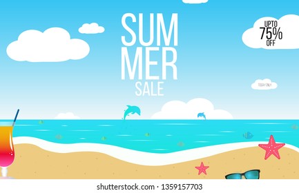 Summer sale vector background with a beach, sea waves, tropical leaves, fruits, text. Advertising banner in paper style cut top view - Vector