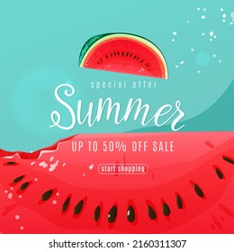 Summer sale vector background with big fun bite watermelon slice, seeds look like smile, text lettering sign. Tropical cute promotional card template. Square shape.