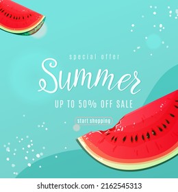 Summer sale vector background with big fun bite watermelon slice, seeds look like smile, text lettering sign. Tropical cute promotional card template. Square shape.