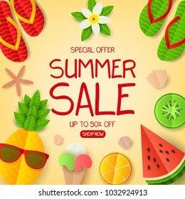 Summer sale vector background. Summer composition with flat paper cut elements on color backdrop. Seasonal discount promo illustration.