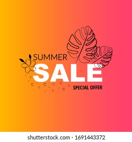 Summer sale vector background layout for banner, wallpaper, outline tropical flowers, hand drawn, summer time sale, vector illustration template