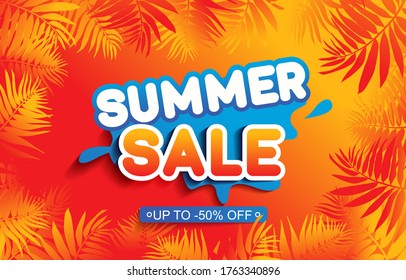 Summer sale vector background and palm leaf light yellow sand beach background  Nature summer tropic concept  Discount text offer 50 percent off  Vector illustration 