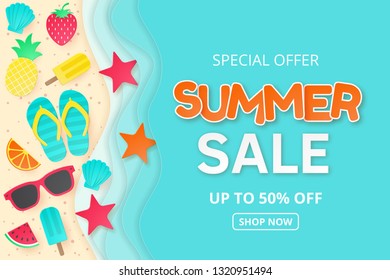 Summer sale vector background. Paper cut. Can used for banners,Wallpaper,flyers, invitation, posters, brochure, voucher discount. Vector illustration