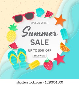 Summer sale vector background. Paper cut. Can used for banners,Wallpaper,flyers, invitation, posters, brochure, voucher discount. Vector illustration