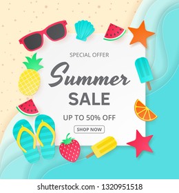 Summer sale vector background. Paper cut. Can used for banners,Wallpaper,flyers, invitation, posters, brochure, voucher discount. Vector illustration