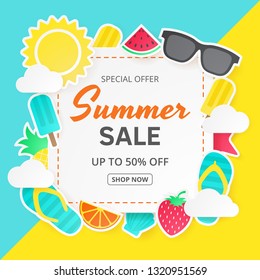 Summer sale vector background. Paper cut. Can used for banners,Wallpaper,flyers, invitation, posters, brochure, voucher discount. Vector illustration