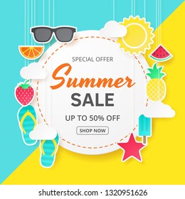 Summer sale vector background. Paper cut. Can used for banners,Wallpaper,flyers, invitation, posters, brochure, voucher discount. Vector illustration