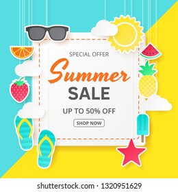 Summer sale vector background. Paper cut. Can used for banners,Wallpaper,flyers, invitation, posters, brochure, voucher discount. Vector illustration