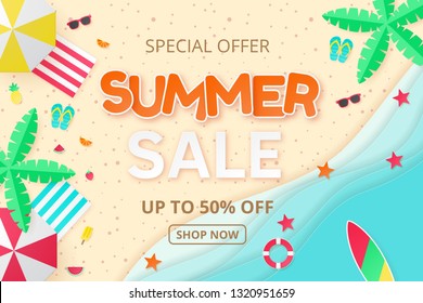 Summer sale vector background. Paper cut. Can used for banners,Wallpaper,flyers, invitation, posters, brochure, voucher discount. Vector illustration