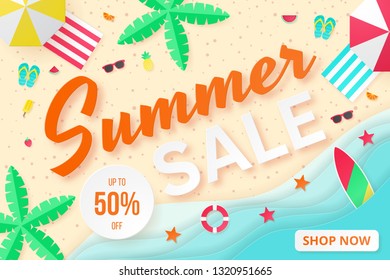 Summer sale vector background. Paper cut. Can used for banners,Wallpaper,flyers, invitation, posters, brochure, voucher discount. Vector illustration