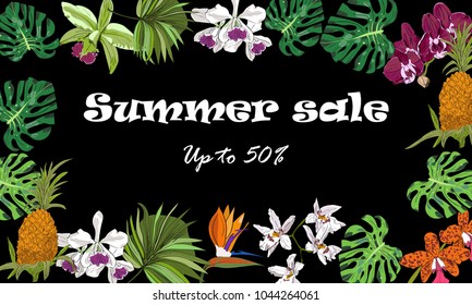 Summer sale vector background with tropical exotic flowers and leaves on black background.