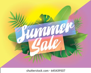 Summer sale. Vector background with typography for posters and banners. Illustration with tropical leaves and sun.