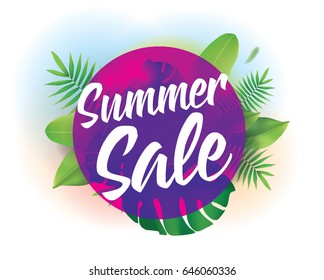 Summer sale. Vector background with typography for posters and banners. Illustration with tropical leaves and sun.