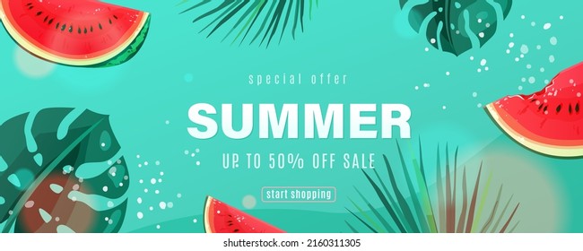 Summer sale vector background with watermelon slices, palm monstera leaves, design elements. Tropical fun banner party invitation template.