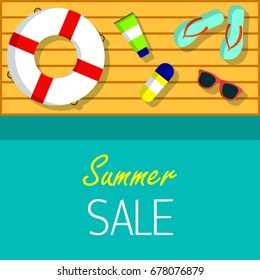 Summer sale Vector background for web, banner, promotion, flyer The inscription Summer sale on blue background Top view on life ring, sunglasses, flip flops and sunscreen on a wooden pier