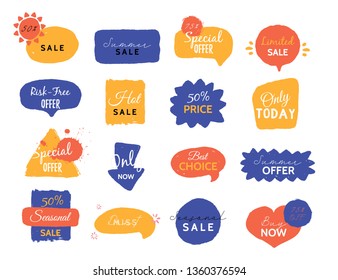 Summer sale vector badge set. Colorful grunge elements. Promo Coupon collection. Tag background