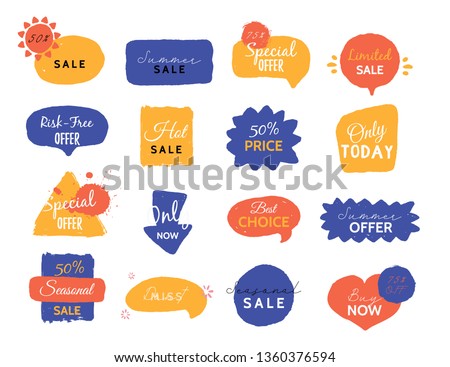 Summer sale vector badge set. Colorful grunge elements. Promo Coupon collection. Tag background