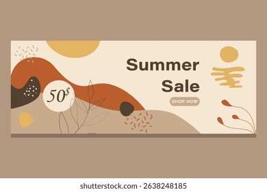 Summer sale vector banner with autumn colors and shapes on light background. Elegant template for holiday gift card, coupon and certificate. Discount coupon template vector illustration EPS10