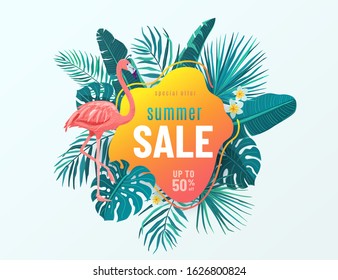 Summer sale vector banner background with bright geometric element, tropical leaves, flamingo, flowers. Special offer flyer illustration. Tropic design concept isolated on light backdrop.