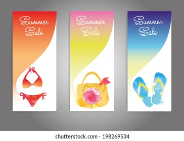 summer sale. Vector banner background with flip flops, bikini and beach bag