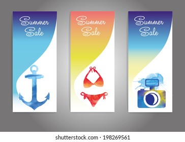 summer sale. Vector banner background with bikini, anchor and camera