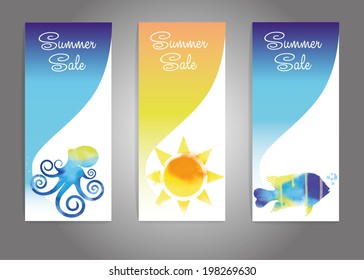 summer sale. Vector banner background with sun, fish and octopus