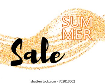 Summer sale vector banner with background of orange color circles confetti. Curve lines of multiple colorful round confetti on white backdrop. Abstract pattern and sale sign, summer marketing advert.