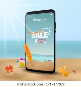 summer sale vector banner in the beach with smartphone concept