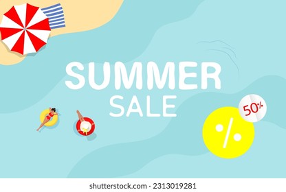 Summer Sale vector banner with beach, sea and girls in floats. Summer sale bright background.