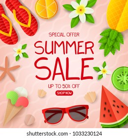 Summer sale vector banner. Summer composition with flat paper cut elements on color backdrop. Seasonal discount promo illustration.