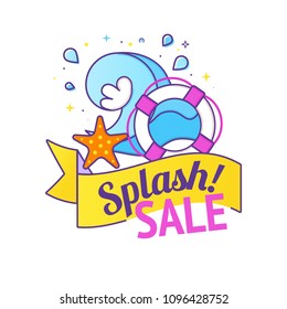 Summer sale vector banner with cute colorful line icons.