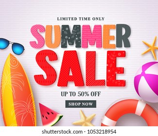 Summer sale vector banner design template with red sale text and colorful beach elements in white pattern background for summer holiday discount promotion. Vector illustration.
