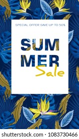 Summer Sale. Vector banner design template with tropical palm leaves, plants.  Summer placard, poster, flyer, banner invitation card.