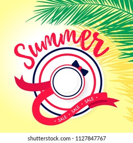 Summer sale vector banner design top view flat sunlight protect hat, palm jungle leaves for summer shop blackground and sale discount voucher