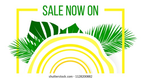 Summer sale vector banner design with top view flat sunlight protect hat and palm leaves, for summer shop blackground and sale discount voucher