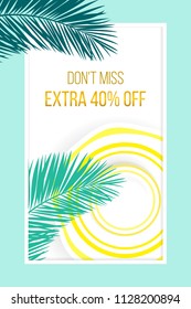 Summer sale vector banner design with top view flat sunlight protect hat and palm leaves, for summer shop blackground and sale discount voucher