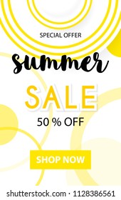 Summer sale vector banner design top view flat sunlight protect hat, for summer shop blackground and sale discount voucher