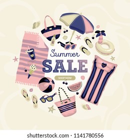 Summer sale vector banner design with colorful beach elements. Vector illustration