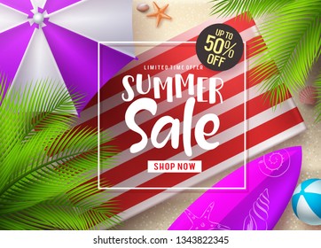 Summer sale vector banner design. Summer sale discount text in frame with beach umbrella and other elements under coconut or palm tree for seasonal store promotion . Vector illustration.
