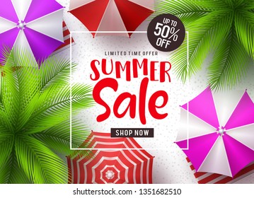 Summer sale vector banner design. Summer sale discount text in a boarder with palm or coconut tree and beach umbrella in white seashore background. Vector illustration.
