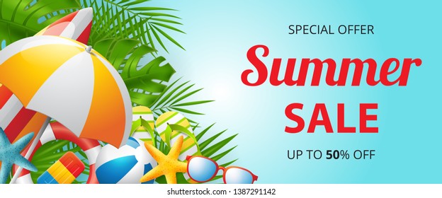 Summer sale vector banner design with colorful beach elements. Vector illustration