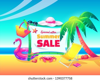 Summer sale vector banner design for promotion with colorful beach elements in cartoon style. Vector illustration.