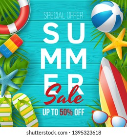 Summer sale vector banner design with colorful beach elements. Vector illustration
