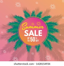 Summer sale vector banner design for promotion with colorful beach elements behind peach circle in yellow background. Vector illustration. - Vector