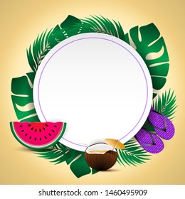 Summer sale vector banner design on the yellow background with colorful summer elements and empty space for your text. Vector illustration template. Ad concept