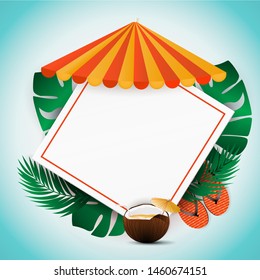 Summer sale vector banner design on the blue background with colorful summer elements and empty space for your text. Template for poster, card, wallpaper, flyer, discount, banner, brochure. Vector