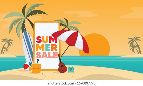 Summer sale vector banner design for promotion with colorful beach
