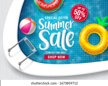 Summer sale vector banner design. Summer discount promotion text with floating beach elements in swimming pool background for seasonal promotion purposes. Vector illustration.