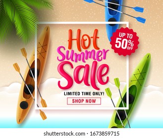 Summer sale vector banner design. Summer sale typography in white frame space for text with beach kayak boat elements and tropical palm tree for seasonal promotion. Vector illustration.