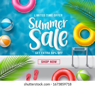 Summer sale vector banner design. Summer sale promotional discount text with colorful summer floating elements and palm leaves in swimming pool background. Vector illustration. 